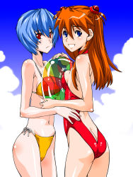 Rule 34 | 2girls, ass, ayanami rei, bare legs, bare shoulders, bikini, blue eyes, blue hair, blue sky, breast press, brown hair, butt crack, hair ornament, highres, interface headset, long hair, looking at viewer, looking to the side, multiple girls, neon genesis evangelion, one-piece swimsuit, red eyes, red one-piece swimsuit, shinama, short hair, side-tie bikini bottom, sitting, sky, souryuu asuka langley, swimsuit, yellow bikini