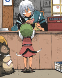 Rule 34 | 1boy, 1girl, animal ears, brown hair, cash register, cat ears, cat tail, chen, child, from behind, glasses, hat, mittens, morichika rinnosuke, multiple tails, onikobe rin, register, shop, short hair, silver hair, tail, tanuki, tiptoes, touhou