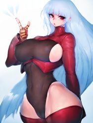 Rule 34 | 1girl, aged up, arm behind back, blue background, blue hair, breasts, covered erect nipples, covered navel, curvy, fumio (rsqkr), gradient background, highres, kula diamond, large breasts, long hair, parted lips, pink eyes, sideboob, solo, the king of fighters, thick thighs, thighs, very long hair, white background, wide hips
