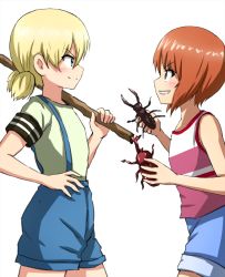 Rule 34 | 2girls, aged down, beetle, blonde hair, blue eyes, blue overalls, blush, brown eyes, brown hair, bug, closed mouth, commentary request, darjeeling (girls und panzer), denim, denim shorts, eye contact, from side, girls und panzer, green shirt, grin, hand on own hip, highres, holding, insect, looking at another, multiple girls, nishizumi miho, omachi (slabco), overalls, pink tank top, rhinoceros beetle, shirt, short hair, short sleeves, short twintails, shorts, simple background, sleeveless, smile, striped tank top, tank top, teeth, twintails, white background