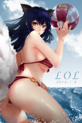 Rule 34 | 1girl, absurdres, ahri (league of legends), animal ears, ass, bad id, bad pixiv id, ball, bare shoulders, beachball, bikini, black hair, breasts, brown eyes, copyright name, ctrlz77, dated, facial mark, female focus, fox ears, fox tail, highres, large breasts, league of legends, long hair, looking at viewer, looking back, multiple tails, open mouth, sky, smile, solo, swimsuit, tail, underboob, whisker markings, yellow eyes