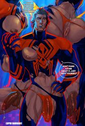 Rule 34 | 1boy, absurdres, anus, artist name, ass, bara, black hair, blue bodysuit, bodysuit, clothing aside, dark-skinned male, dark skin, english text, erection, highres, large pectorals, lupin barnabi, male focus, male underwear, male underwear aside, marvel, miguel o&#039;hara, multiple views, muscular, muscular male, navel, nipples, open mouth, pectorals, penis, red bodysuit, red male underwear, see-through, short hair, spider-man: across the spider-verse, spider-man (2099), spider-man (series), spider-verse, thong, torn bodysuit, torn clothes, two-tone bodysuit, underwear