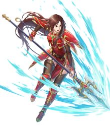 Rule 34 | 1girl, altena (fire emblem), armor, armored boots, boots, breastplate, brown eyes, brown hair, dress, elbow gloves, female focus, fire emblem, fire emblem: thracia 776, fire emblem heroes, full body, garter straps, gloves, headband, highres, holding, holding polearm, holding spear, holding weapon, lips, lipstick, long hair, makeup, matching hair/eyes, nintendo, official art, pelvic curtain, polearm, red armor, red dress, short dress, shoulder armor, solo, spear, thigh strap, thighhighs, transparent background, weapon