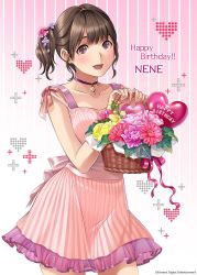 Rule 34 | 1girl, anegasaki nene, balloon, basket, brown eyes, brown hair, carnation, commentary request, daisy, dress, flower, hair flower, hair ornament, happy birthday, highres, jewelry, love plus, mino tarou, mole, mole under eye, necklace, open mouth, picnic basket, pink background, pink dress, plus sign, ribbon, rose, short hair, side ponytail, smile, solo