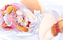Rule 34 | 1girl, animal ear fluff, animal ears, animal hands, apron, ass, bell, blush, breasts, cat hair ornament, cat paws, cleavage, collar, fangs, fate/extra, fate/grand order, fate (series), fox ears, fox girl, fox tail, gloves, hair ornament, hair ribbon, highres, jingle bell, kino and nene, large breasts, long hair, looking at viewer, lying, maid headdress, naked apron, neck bell, nipples, on side, open mouth, paw gloves, paw shoes, pink hair, ponytail, red ribbon, ribbon, shoes, sideboob, solo, tail, tamamo (fate), tamamo cat (fate), tamamo cat (third ascension) (fate), yellow eyes