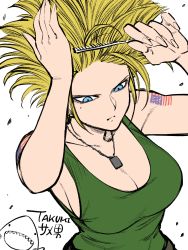 Rule 34 | 1girl, american flag tattoo, arm tattoo, big hair, blonde hair, blue eyes, breasts, brushing hair, brushing own hair, cleavage, closed mouth, comb, fingernails, flat color, genderswap, genderswap (mtf), green shirt, guile, highres, holding, holding comb, jewelry, large breasts, long fingernails, mole, mole under eye, necklace, serious, shadow, shark, shiny clothes, shirt, simple background, sleeveless, sleeveless shirt, solo, street fighter, takumi watanuki, tattoo, white background