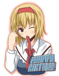 Rule 34 | 1girl, alice margatroid, bad id, blonde hair, blue eyes, breasts, female focus, happy birthday, lock heart (juuryokudou), mouth hold, one eye closed, short hair, simple background, solo, touhou, upper body, white background, wink