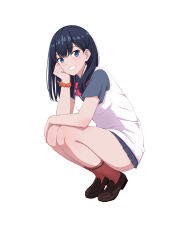 Rule 34 | 1girl, absurdres, blue eyes, blue hair, blue shirt, blush, bow, bowtie, breasts, brown footwear, clenched teeth, collared shirt, full body, gridman universe, gridman universe (film), hand on own cheek, hand on own face, hand up, head rest, highres, legs, loafers, long hair, looking at viewer, medium breasts, microskirt, parted bangs, pleated skirt, red bow, red bowtie, red socks, school uniform, shadow, shirt, shoes, simple background, skirt, socks, solo, squatting, ssss.gridman, takarada rikka, teeth, thighs, txbbxb, vest, white background, white vest