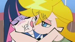 Rule 34 | 10s, 2girls, animated, animated gif, annoyed, blonde hair, blue eyes, blue hair, licking, licking another&#039;s face, lowres, multicolored hair, multiple girls, panty &amp; stocking with garterbelt, panty (psg), screencap, siblings, sisters, stocking (psg), tongue
