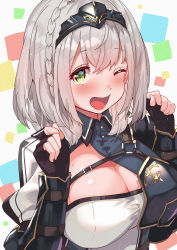 Rule 34 | 1girl, absurdres, armor, arms up, asymmetrical clothes, black armor, black gloves, blush, braid, breasts, cleavage, cleavage cutout, clothing cutout, collared shirt, fingerless gloves, gloves, gold trim, green eyes, highres, hololive, huge breasts, large breasts, looking at viewer, medium hair, mole, mole on breast, multicolored clothes, one eye closed, open mouth, shirogane noel, shirogane noel (1st costume), shirt, shoulder armor, silver hair, simple background, smile, solo, tonarikeru, upper body, virtual youtuber, wrist guards