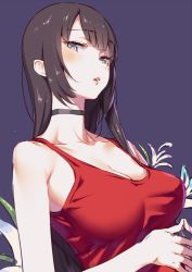 Rule 34 | 1girl, aida takanobu, black hair, blue eyes, borrowed character, breasts, choker, cleavage, fingers together, large breasts, looking at viewer, mole, mole under eye, original, parted lips, simple background, sleeveless, solo, tank top, teeth