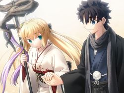 Rule 34 | 1boy, 1girl, ahoge, alternate costume, artoria caster (fate), artoria pendragon (fate), black bow, black hair, blonde hair, blue eyes, blue kimono, bow, closed mouth, commentary request, commission, fate/grand order, fate (series), flower, fujimaru ritsuka (male), fujimaru ritsuka (male) (ceremonial new year), green eyes, grey scarf, hair between eyes, hair bow, hair flower, hair ornament, haori, holding, holding hands, holding staff, holding weapon, japanese clothes, kimono, long hair, looking at another, obi, official alternate costume, open clothes, sash, scarf, shoori (migiha), short hair, skeb commission, smile, staff, takeuchi takashi (style), twintails, upper body, very long hair, weapon, white flower, white kimono, wide sleeves