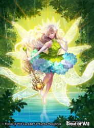 Rule 34 | 1girl, bare shoulders, barefoot, blonde hair, copyright name, crown, curly hair, fairy wings, flower, force of will, gloves, green eyes, leaf, long hair, misa tsutsui, official art, rain, solo, sparkle, staff, water, wings