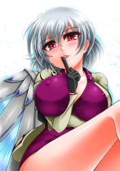 Rule 34 | 1girl, black gloves, blush, bottomless, breasts, covered erect nipples, dress, female focus, finger to mouth, gloves, grey hair, highres, jacket, kishin sagume, large breasts, long sleeves, looking at viewer, no bra, open clothes, open jacket, out-of-frame censoring, parted lips, purple dress, short dress, short hair, single wing, solo, thighs, touhou, wings, yazuki gennojou