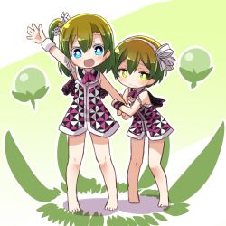 Rule 34 | 10s, 2girls, :d, holding another&#039;s arm, bare legs, blue eyes, bow, child, commentary request, detached collar, dress, epaulettes, frown, full body, green hair, hair bow, hair ornament, hairband, holding own arm, hoshizora rin, kosaka honoka, love live!, love live! school idol project, multiple girls, neckerchief, one side up, open mouth, orange hair, shipii (jigglypuff), short dress, smile, standing, star (symbol), star hair ornament, waving, wristband, yellow eyes, aged down