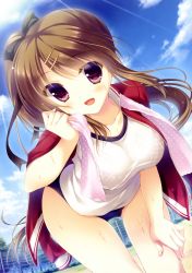 Rule 34 | 1girl, absurdres, bent over, blue sky, blush, bra, brown hair, buruma, cloud, day, dengeki moeou, gym uniform, hair ornament, hairclip, hand on own knee, hand on own thigh, hand on thigh, highres, hip focus, jacket, jacket on shoulders, long hair, looking at viewer, open mouth, original, plaid, plaid bra, purple eyes, scan, see-through, shirt, side ponytail, sky, smile, solo, sweat, taut clothes, taut shirt, thigh gap, towel, track jacket, underwear, very long hair, wet, yukie (peach candy)