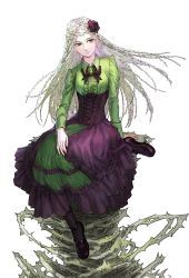 Rule 34 | 10s, 1girl, bad id, bad pixiv id, boku no hero academia, bow, bowtie, colored eyelashes, corset, crown of thorns, dress, flower, full body, green eyes, green hair, hair flower, hair ornament, highres, long hair, matching hair/eyes, plant, rose, scy, shiozaki ibara, shoes, simple background, sitting, solo, thorns, vines, white background
