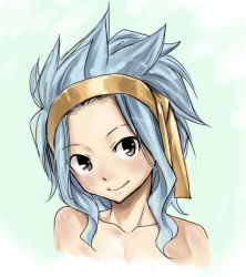 Rule 34 | 1girl, bare shoulders, black eyes, blue background, blue hair, breasts, cleavage, collarbone, fairy tail, hair ribbon, head tilt, levy mcgarden, long hair, looking at viewer, mashima hiro, official art, portrait, ribbon, shiny skin, small breasts, smile, solo, spiked hair, yellow ribbon