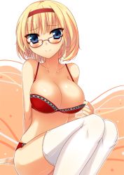 Rule 34 | 1girl, alice margatroid, areola slip, bad id, bad pixiv id, bespectacled, blonde hair, blue eyes, blush, bra, breasts, female focus, glasses, large breasts, lingerie, solo, teruteru-deru, thighhighs, touhou, underwear, underwear only, white thighhighs