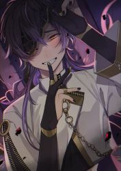 Rule 34 | 1boy, black blindfold, black gloves, blindfold, chain, finger to mouth, fingerless gloves, gloves, highres, jewelry, long hair, male focus, multiple rings, nail polish, nu carnival, purple hair, rin (nu carnival), ring, shushing, smile, yellow eyes, zipper, zuix