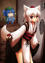 Rule 34 | 1girl, absurdres, animal ears, blue hair, bridal gauntlets, character doll, detached sleeves, female focus, hair bobbles, hair ornament, hat, highres, inubashiri momiji, japanese clothes, kawashiro nitori, negija, obi, red eyes, sash, short hair, solo, tail, tokin hat, touhou, translation request, twintails, two side up, white hair, wolf ears, wolf tail