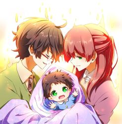 Rule 34 | 1girl, 2boys, baby, black hair, closed eyes, couple, family, father and son, glasses, green eyes, harry potter, harry potter (series), highres, holding baby, james potter, kapirusu, lily evans, long hair, mother and son, multiple boys, red hair, scar, scar on face, scar on forehead, smile, wizarding world