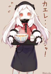 Rule 34 | 10s, 1girl, absurdres, alternate costume, apron, bowl, covered mouth, cup, flying sweatdrops, highres, horns, kantai collection, katoroku, long hair, looking at viewer, mittens, nakau, northern ocean princess, pale skin, red eyes, red shirt, shirt, sidelocks, simple background, solo, standing, tray, twitter username, white hair