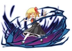 Rule 34 | 1girl, ascot, blonde hair, bow, dark, full body, gradient background, hair bow, one eye closed, outstretched arms, red eyes, rumia, solo, thighhighs, touhou, transparent background, white thighhighs, z.o.b