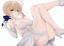 Rule 34 | 1girl, ahoge, artoria pendragon (all), artoria pendragon (fate), artoria pendragon (lancer) (fate), ass, bare shoulders, blonde hair, blue ribbon, breasts, collarbone, commentary, commission, dress, elbow gloves, english commentary, fate/grand order, fate (series), garter belt, gloves, green eyes, hair ribbon, hand up, high heels, highres, looking at viewer, medium breasts, parted lips, pixiv commission, ribbon, saber (fate), short hair, simple background, solo, spice (spicezzumi), thighs, wedding dress, white background, white dress, white footwear, white gloves