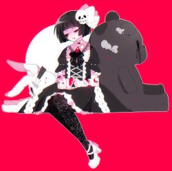 Rule 34 | 1girl, black dress, black hair, black neckwear, black pantyhose, blood, bow, chariko, closed eyes, collar, commentary, cup, dress, english commentary, extra eyes, full body, gem, gothic lolita, hair bow, hair skull, highres, holding, holding cup, kitchen knife, lace, lace legwear, lolita fashion, original, oversized object, pantyhose, pink background, rabbit, saucer, short hair, simple background, solo, stab, stuffed animal, stuffed toy, teacup, teddy bear, white bow, white collar