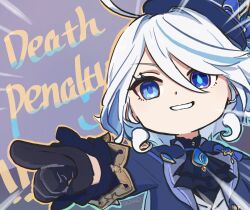 Rule 34 | 1girl, ahoge, ascot, black ascot, black gloves, blue eyes, blue headwear, blue jacket, brooch, chibi, commentary request, furina (genshin impact), genshin impact, gloves, grin, highres, jacket, jewelry, long hair, long sleeves, looking at viewer, pointing, purple background, smile, solo, upper body, white hair, xinzoruo