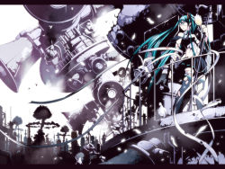 Rule 34 | 1girl, aircraft, airplane, aqua eyes, bandages, bird, eyepatch, feathers, female focus, hatsune miku, intravenous drip, koi wa sensou (vocaloid), letterboxed, long hair, megaphone, necktie, outdoors, partially colored, scenery, skirt, solo, thighhighs, torigoe takumi, torn clothes, twintails, very long hair, vocaloid