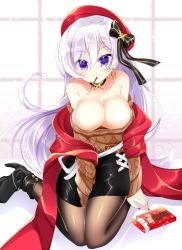 Rule 34 | 1girl, aran sweater, azur lane, bare shoulders, belfast (azur lane), belfast (shopping with the head maid) (azur lane), beret, between legs, black bow, black footwear, black skirt, blush, boots, bow, breasts, brown pantyhose, brown sweater, cable knit, cleavage, closed mouth, collarbone, commentary request, earrings, food, food in mouth, hair between eyes, hair bow, hand between legs, hat, high heel boots, high heels, hoop earrings, jewelry, large breasts, long hair, mouth hold, nail polish, off-shoulder sweater, off shoulder, pantyhose, pencil skirt, pocky, purple eyes, red hat, red nails, shawl, shikito (yawa0w0), silver hair, skirt, smile, solo, striped, striped bow, sweater, very long hair
