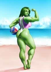 Rule 34 | 1girl, arm up, ass, ball, barefoot, beach, breasts, colored skin, competition swimsuit, day, flexing, from behind, full body, green eyes, green hair, green skin, highleg, highleg leotard, highleg swimsuit, holding, holding ball, jennifer walters, kairunoburogu, kneepits, large breasts, leotard, lips, long hair, looking back, marvel, matching hair/eyes, muscular, muscular female, nose, ocean, one-piece swimsuit, one-piece thong, she-hulk, sky, smile, soles, solo, swimsuit, thick thighs, thighs, thong, thong leotard, toes, toned, volleyball (object)