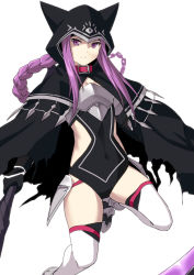 Rule 34 | 1girl, armor, braid, breastplate, cloak, collar, covered navel, fate/grand order, fate (series), hip vent, holding, holding weapon, hood, hooded cloak, long hair, medusa (fate), medusa (lancer) (fate), medusa (rider) (fate), purple eyes, purple hair, rider, scythe, shiseki hirame, simple background, solo, thighhighs, weapon, white background, white thighhighs