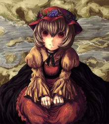 Rule 34 | 1girl, aki minoriko, bad id, bad pixiv id, belko, bob cut, brown hair, clenched hands, dress, face, female focus, food, food-themed clothes, fruit, grapes, hat, neck ribbon, plant, puffy sleeves, red eyes, ribbon, short hair, sitting, solo, touhou, vines, water, wide sleeves