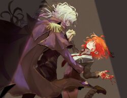 Rule 34 | 1boy, 1girl, ahoge, bags under eyes, black coat, black footwear, black jacket, black pants, black ribbon, black skirt, blood, blood on hands, coat, collared shirt, commentary request, dancing, edmond dantes (fate), epaulettes, fate/grand order, fate (series), floating hair, fujimaru ritsuka (female), gradient hair, hair ornament, hair ribbon, hair scrunchie, height difference, highres, holding hands, jacket, kari nkori n, long hair, looking at another, looking at viewer, multicolored hair, necktie, official alternate costume, open clothes, open jacket, orange eyes, orange hair, pants, pleated skirt, ponytail, purple hair, red eyes, red necktie, ribbon, school uniform, scrunchie, shirt, shoes, side ponytail, skirt, socks, standing, standing on one leg, the count of monte cristo (fate), twitter username, two-tone hair, waltz (dance), white hair, white shirt, white socks, yellow scrunchie