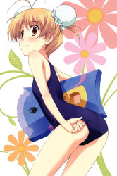 Rule 34 | 1girl, :3, absurdres, adjusting clothes, adjusting swimsuit, antenna hair, ass, blue one-piece swimsuit, blush, bun cover, cowboy shot, double bun, flower, highres, matsuo yukihiro, one-piece swimsuit, original, school swimsuit, short hair, solo, swimsuit