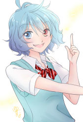Rule 34 | 1girl, alternate costume, blouse, blue eyes, blue hair, blue vest, bow, contemporary, heterochromia, looking at viewer, messy hair, pointing, pointing up, red bow, red eyes, school uniform, shirt, short hair, smile, solo, tatara kogasa, touhou, vest, white shirt, yuzuna99