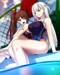 Rule 34 | 2girls, akeyama kitsune, alternate costume, arms behind back, asymmetrical docking, azur lane, barefoot, blue eyes, blush, breast press, breasts, brown eyes, brown hair, closed mouth, competition swimsuit, feet out of frame, hair ornament, large breasts, long hair, looking at another, medium breasts, mole, mole under eye, multiple girls, on water, one-piece swimsuit, open mouth, ponytail, pool, purple one-piece swimsuit, shoukaku (azur lane), sitting, smile, soles, swimsuit, symmetrical docking, thighs, wet, wet clothes, wet swimsuit, white hair, zuikaku (azur lane)