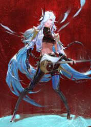 Rule 34 | 1girl, adapted costume, artist name, black pants, blue hair, braid, breasts, commentary, contemporary, crop top, cropped jacket, dated, earrings, electric guitar, english commentary, eyeshadow, full body, genshin impact, grey eyes, guitar, hair ornament, hair over one eye, hair ribbon, highres, holding, holding instrument, instrument, jacket, jewelry, leather, leather pants, legs apart, long hair, looking at viewer, makeup, midriff, navel, ofuda, one eye covered, pants, red background, red eyeshadow, ribbon, shenhe (genshin impact), signature, single braid, solo, standing, swept bangs, tanyaf2022, tassel, tassel earrings, underboob, white jacket