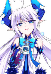 Rule 34 | + +, 1girl, ahoge, bare shoulders, blue eyes, blue neckwear, bow, bowtie, bridal gauntlets, ciel (elsword), cup, detached sleeves, elsword, eyes visible through hair, hair between eyes, highres, holding, holding cup, horns, long hair, long sleeves, looking at viewer, luciela r. sourcream, mug, noblesse (elsword), open mouth, pointy ears, simple background, smile, twintails, upper body, white background, zetsuei (zetto)