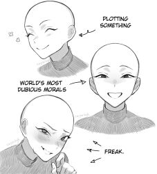 Rule 34 | 1other, @ @, androgynous, arrow (symbol), artist name, bald, closed eyes, commentary, english commentary, english text, greyscale, highres, monochrome, original, other focus, saiyakyun, signature, smile