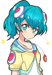 Rule 34 | 1girl, :t, alternate hairstyle, antennae, blue eyes, blue hair, blush, closed mouth, hagoromo lala, haru (nature life), jacket, jewelry, looking at viewer, necklace, pointy ears, ponytail, precure, shirt, short hair, simple background, solo, star (symbol), star in eye, star twinkle precure, symbol in eye, upper body, white background, white shirt, yellow jacket