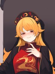 Rule 34 | 1girl, black dress, black sash, blonde hair, blush, breasts, commentary, dress, drop shadow, hand up, headdress, heoningu, junko (touhou), large breasts, long hair, long sleeves, looking at viewer, nail polish, nose blush, obi, red eyes, red nails, sash, smile, solo, symbol-only commentary, tabard, touhou, wide sleeves