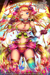 Rule 34 | &gt;;), 1girl, ;), blonde hair, blue eyes, breasts, cleavage, earrings, flower, frills, gem, hair flower, hair ornament, head wreath, jewelry, kara (color), lace, lace-trimmed panties, lace trim, large breasts, lots of jewelry, midgard war chronicles, multicolored clothes, multicolored legwear, navel, one eye closed, panties, petals, pink panties, pointy ears, red panties, short sword, smile, solo, sword, thief airi, thighhighs, touzoku airi, underwear, v-shaped eyebrows, weapon