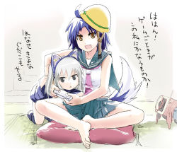 Rule 34 | &gt;:&lt;, 2girls, :&lt;, :d, ahoge, animal ears, bad id, bad pixiv id, barefoot, black eyes, blue hair, brown eyes, closed mouth, controller, fake animal ears, fang, feet, game console, game controller, hard hat, headlock, helmet, indian style, kaito (k4itoh), multiple girls, open mouth, original, parted lips, pillow, playing games, school uniform, serafuku, short hair, silver hair, sitting, smile, tail, translated, triangle mouth, v-shaped eyebrows, video game, wii, wii remote, yellow eyes