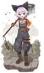 Rule 34 | 1girl, :d, bandaid, bandaid on arm, beret, black hat, black socks, blush, boots, brown footwear, brown gloves, character name, full body, gloves, goggles, goggles around neck, hair between eyes, hand on own hip, hat, highres, holding, indie virtual youtuber, kyue (vtuber), looking at viewer, mauve, mop, open mouth, overalls, purple eyes, purple hair, shirt, short sleeves, smile, socks, solo, teeth, tree, upper teeth only, v-shaped eyebrows, virtual youtuber, white background, white shirt