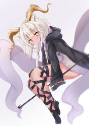 Rule 34 | 1girl, animal ear fluff, animal ears, arknights, beeswax (arknights), black jacket, brown eyes, closed mouth, commentary request, curled horns, dress, grey background, hair between eyes, highres, hizaka, hood, hood down, hooded jacket, horns, jacket, long sleeves, looking at viewer, open clothes, open jacket, polearm, silver hair, simple background, sleeves past fingers, sleeves past wrists, solo, spear, weapon, white dress