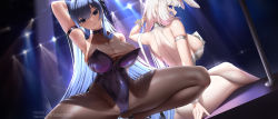 Rule 34 | 2girls, alternate costume, animal ears, arm up, armband, armpits, ass, azur lane, blue eyes, blue hair, bodystocking, braid, breasts, cameltoe, choker, cleavage, cleft of venus, collar, crossed legs, fake animal ears, fouriasensei, from behind, highres, illustrious (azur lane), large breasts, leotard, looking at viewer, looking to the side, multiple girls, naughty face, navel, new jersey (azur lane), new jersey (exhilarating steps!) (azur lane), official alternate costume, pantyhose, playboy bunny, pole, pole dancing, rabbit ears, seductive smile, see-through, see-through cleavage, see-through legwear, sideboob, skin tight, skindentation, smile, spread legs, squatting, stripper, stripper pole, thick thighs, thighs, white hair